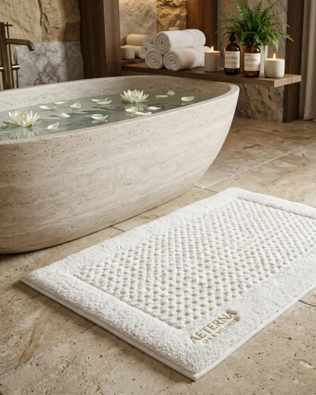Large white cotton bath mat for elderly in a luxury bathroom setting