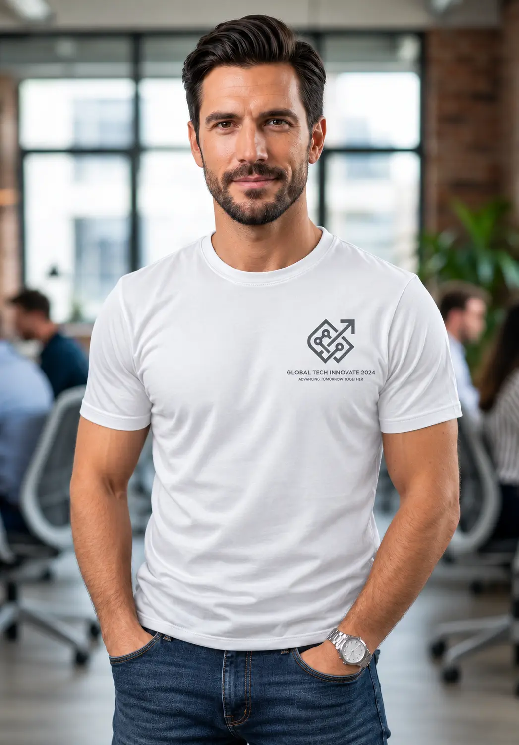 White Corporate Merchandise T Shirt with premium company logo printing for employee onboarding and corporate events