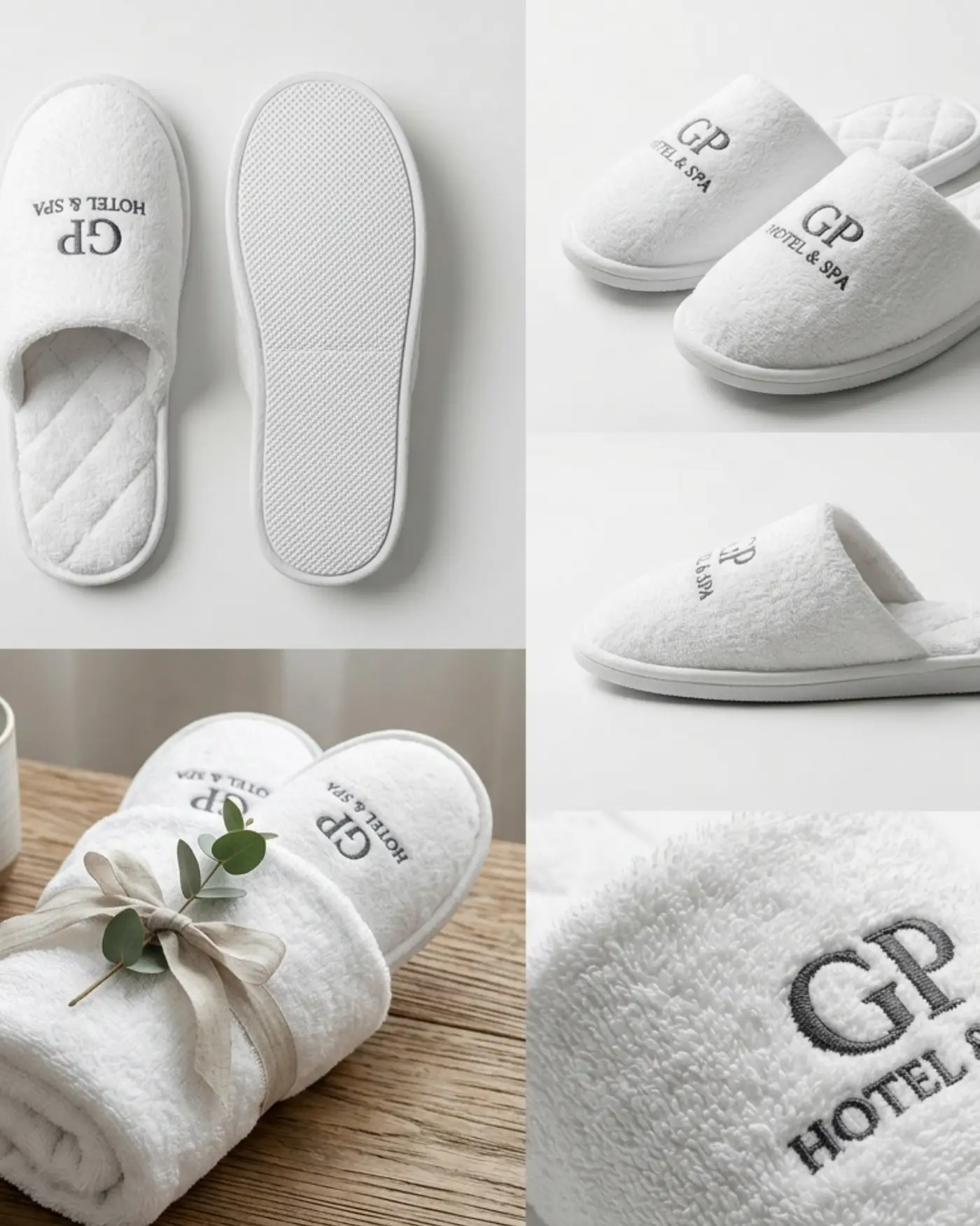 White cotton hotel slippers with textured sole