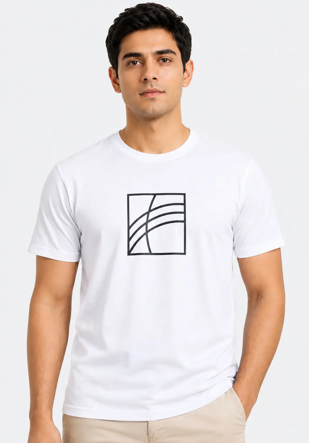 White custom T-shirt with a geometric chest logo, crew neck and half sleeves, ideal for branded T-shirts and corporate team apparel.