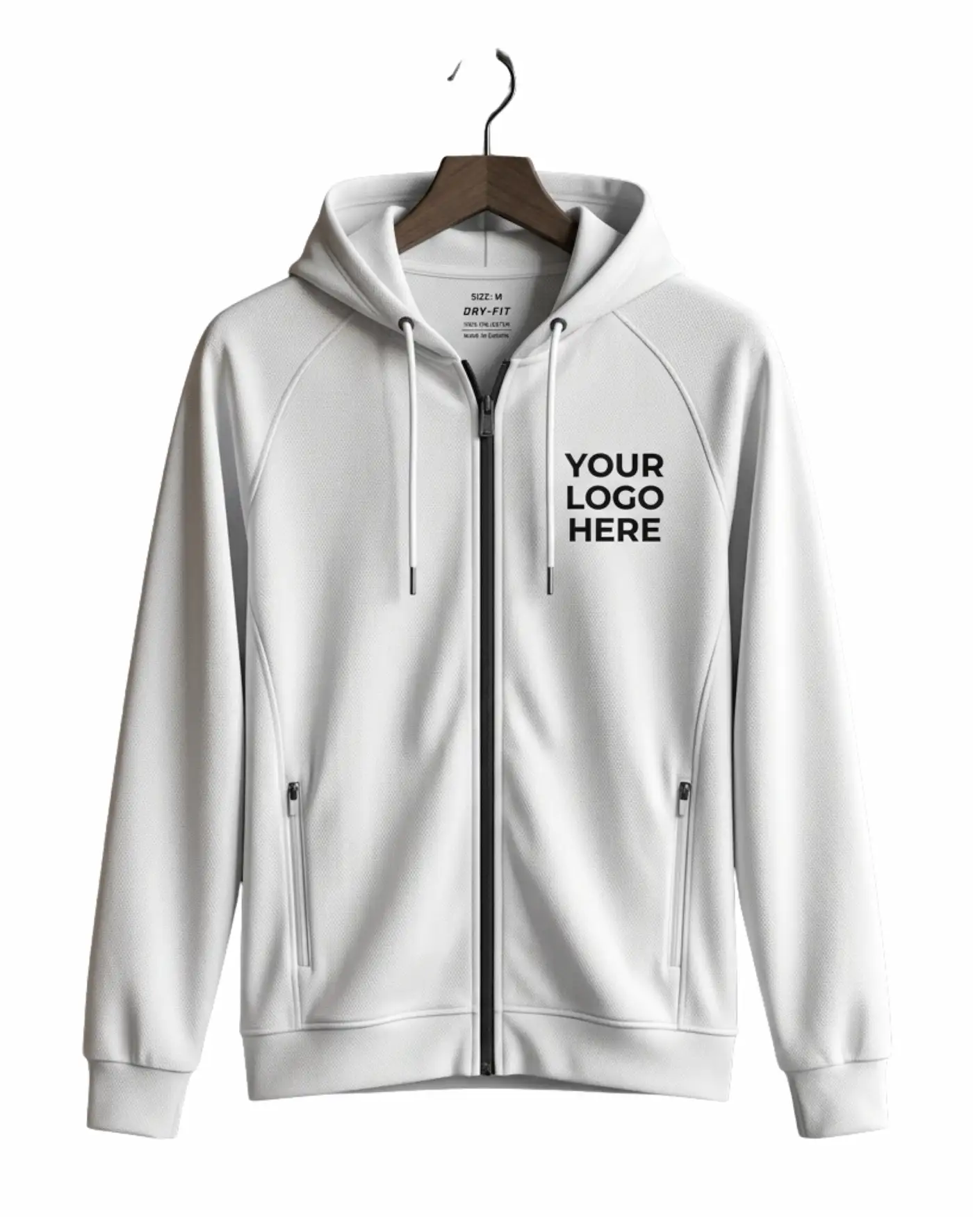 White dri fit zip up hoodie men with polyester performance fabric and logo