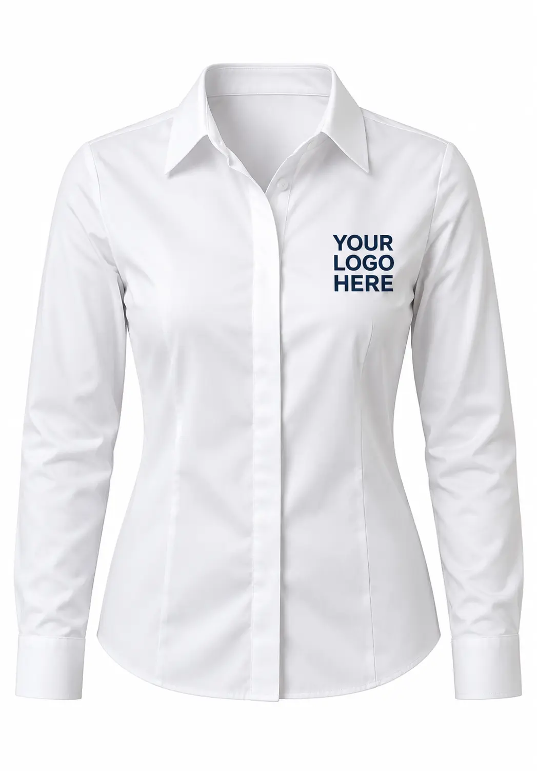 White embroidered shirt for women with a custom navy chest logo, suitable for corporate uniforms and promotional apparel in India.