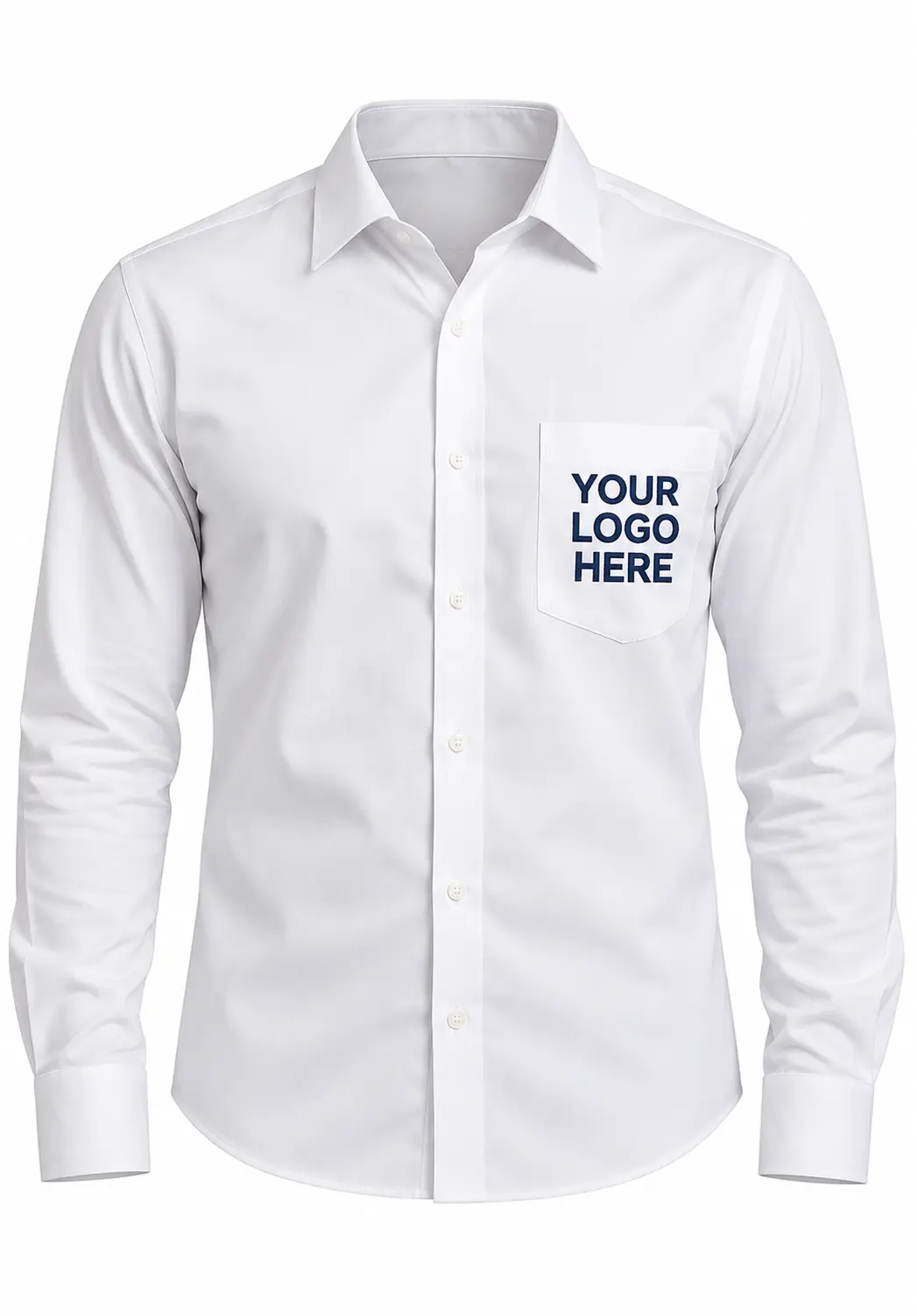 White formal shirt for men with full sleeves and custom logo embroidery on the chest pocket, suitable for corporate wear.