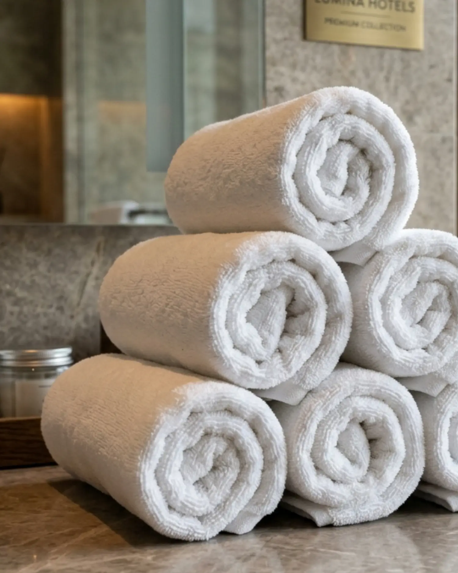 White cotton hand towels rolled and arranged for hotel and bathroom use