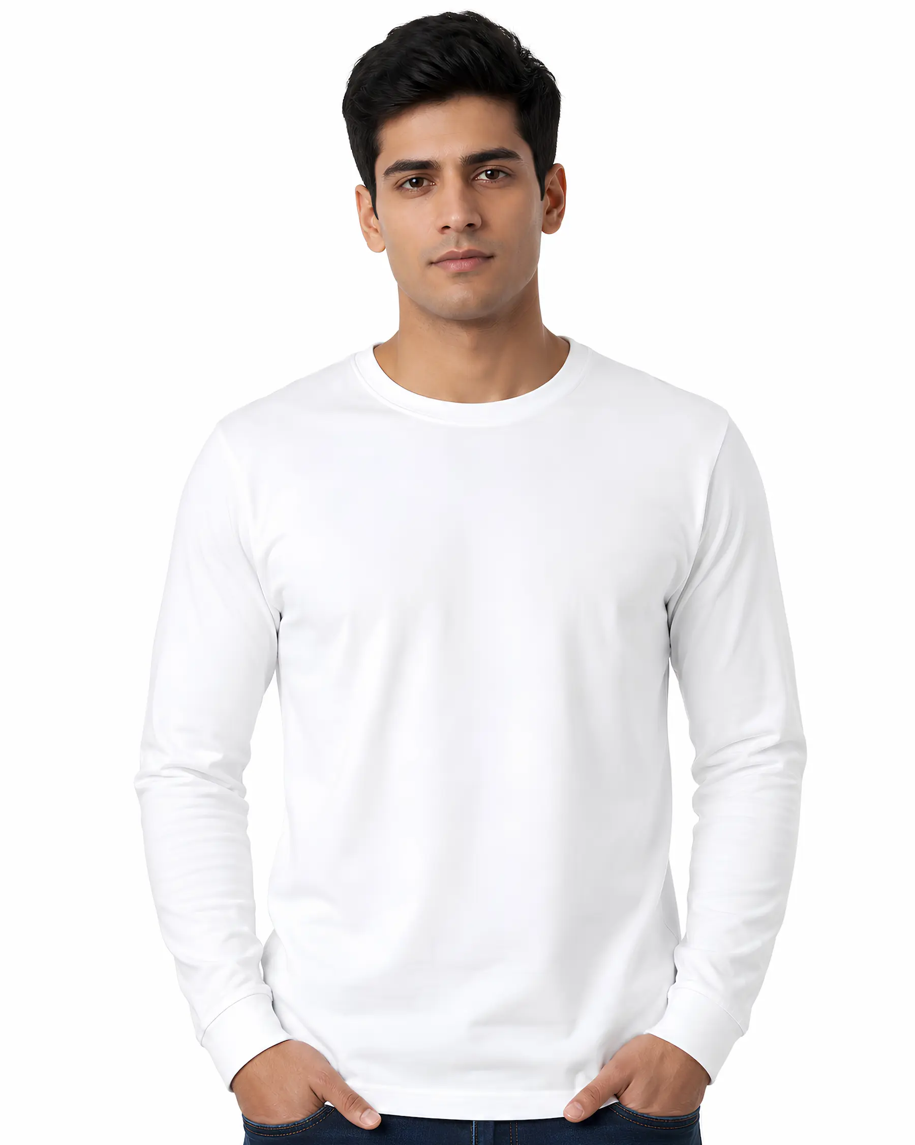White round neck full sleeve t shirt for men for custom branding