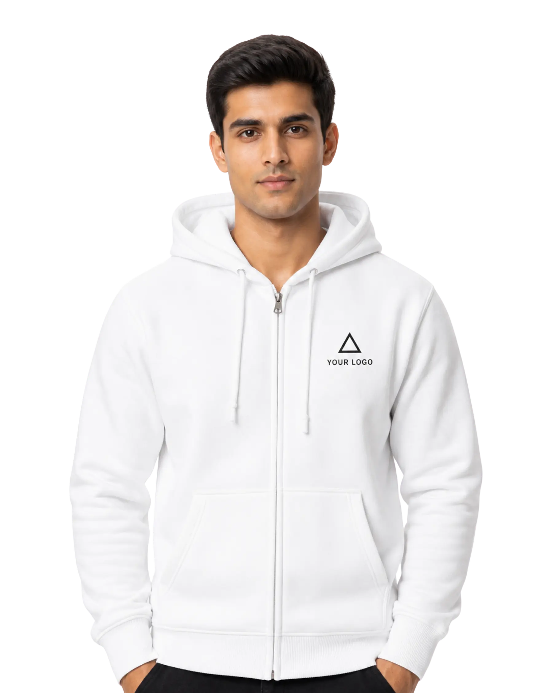 white custom zipper hoodie for men front