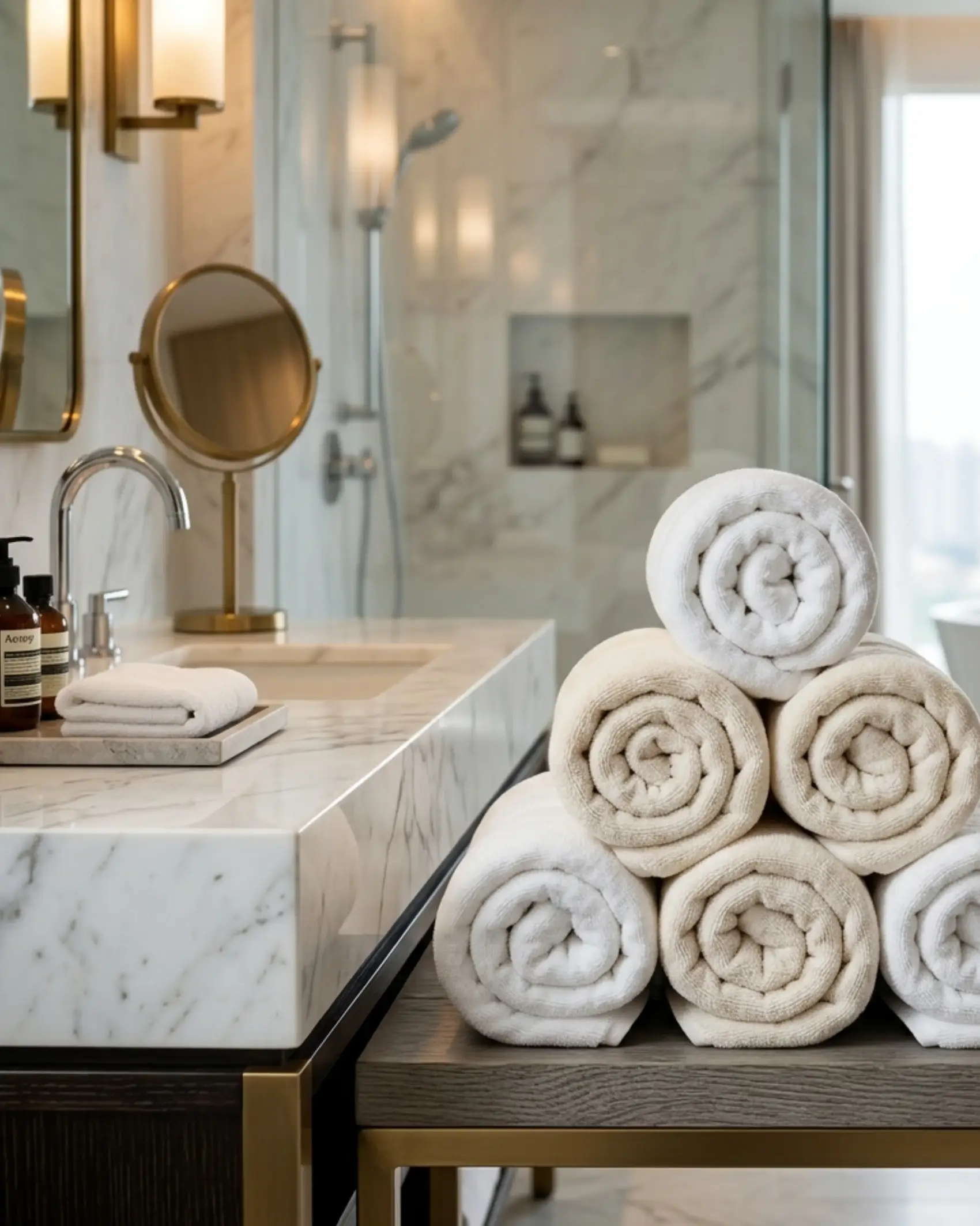 Zero twist cotton bath towels displayed in a luxury bathroom for hotel use